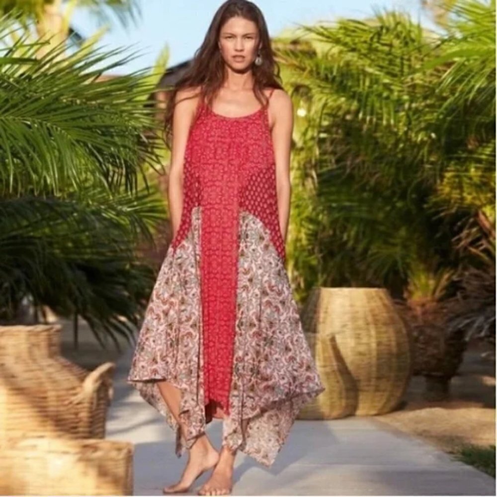 Sundance Veeda Patchwork Mixed Print Handkerchief Hem Boho Midi Dress, Small